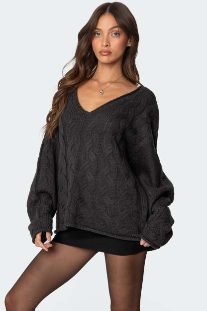 Inga Oversized Cable Knit Sweater - DARK GRAY
