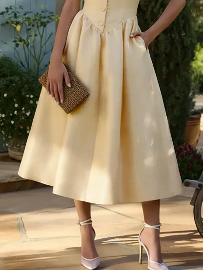 Midi Linen Dress, Sleeveless, Stand Collar, Plain, Button Design, French Vintage, Beige - Beige