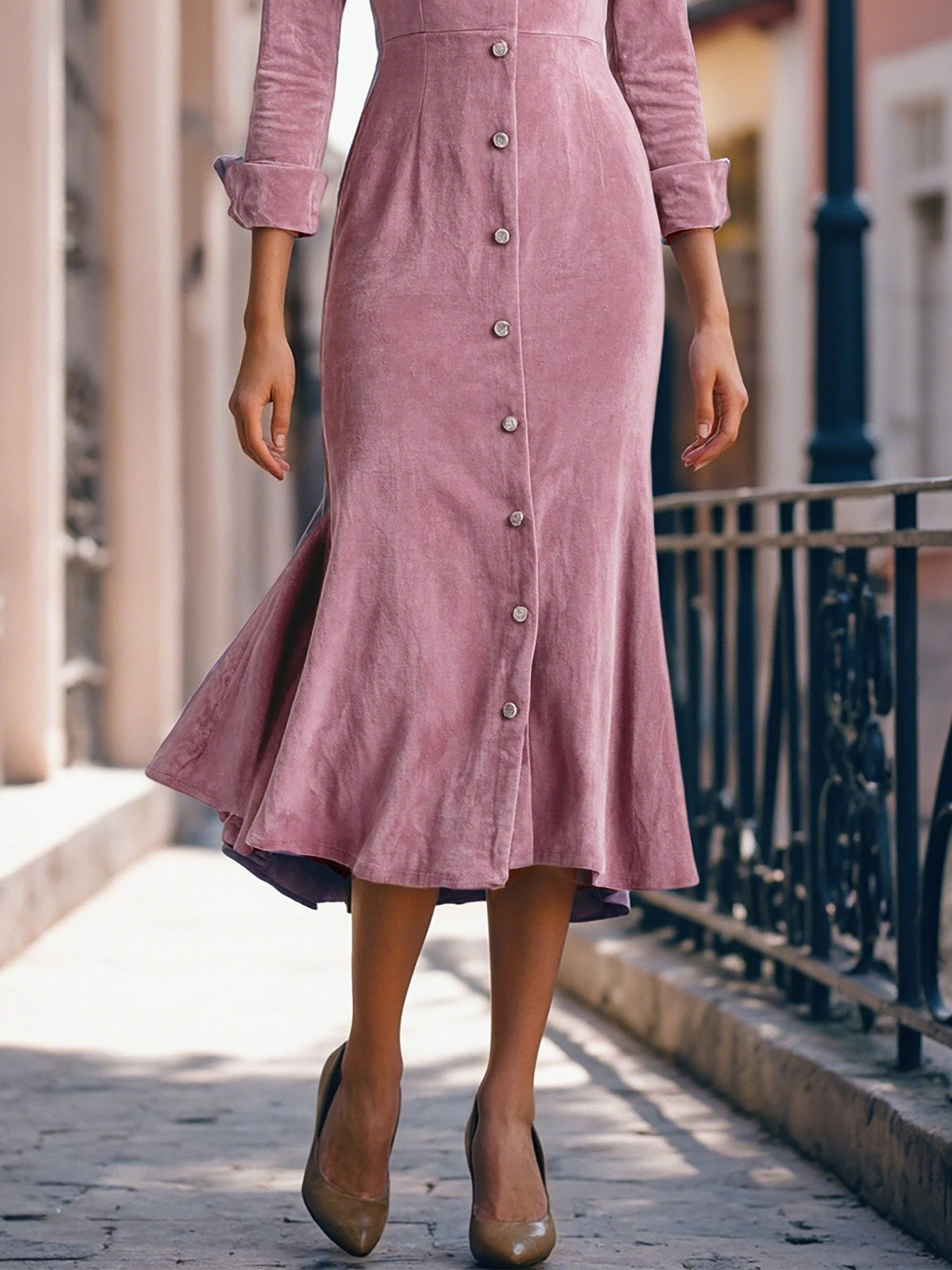 Midi Cotton Dress, Half Sleeve, Boat Neck, Plain, Button Design, Vintage, Pink - Pink