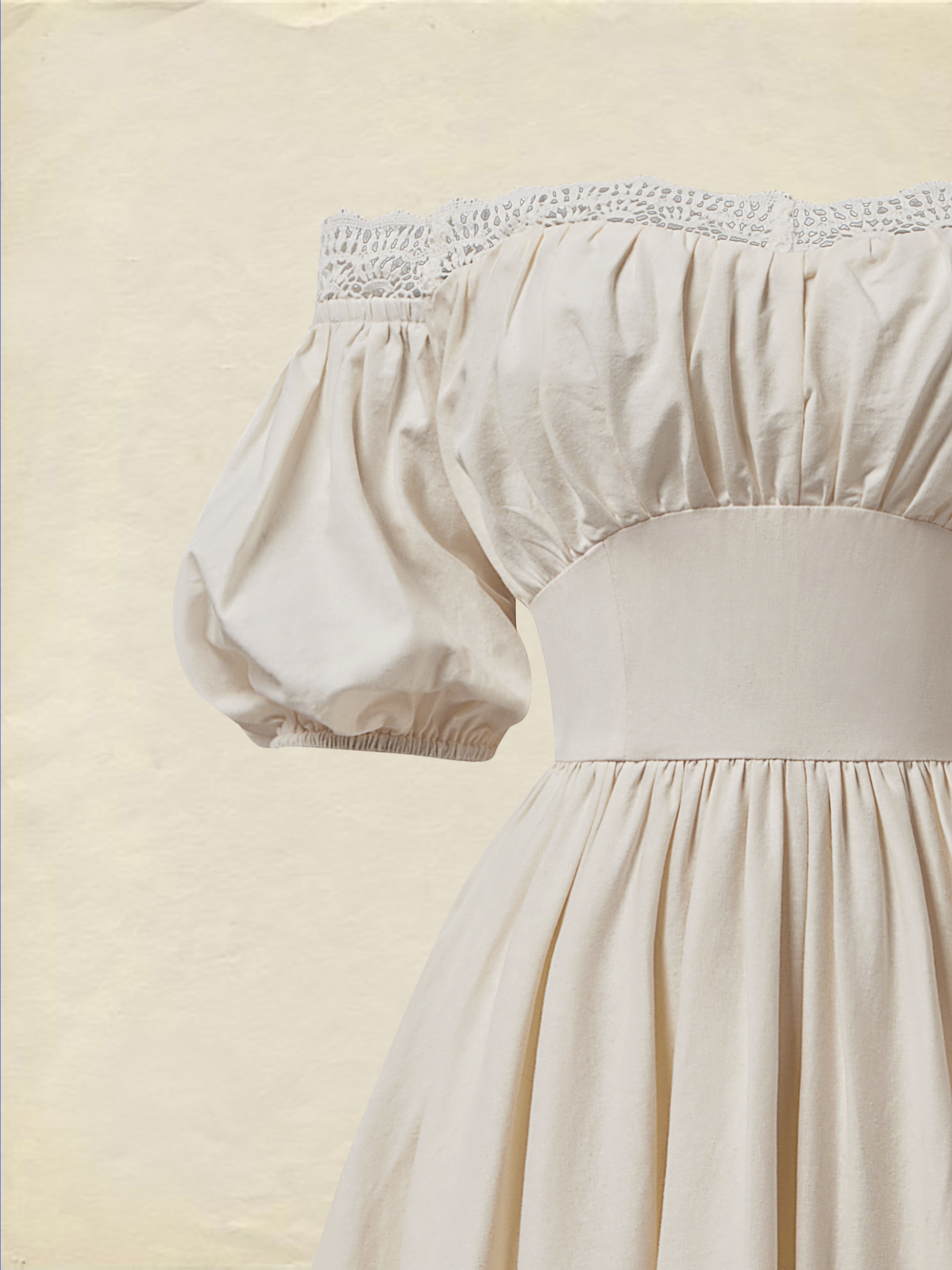 Linen Maxi Dress, Short Sleeve, Off The Shoulder, Plain, Vintage, Daily, White - As Picture