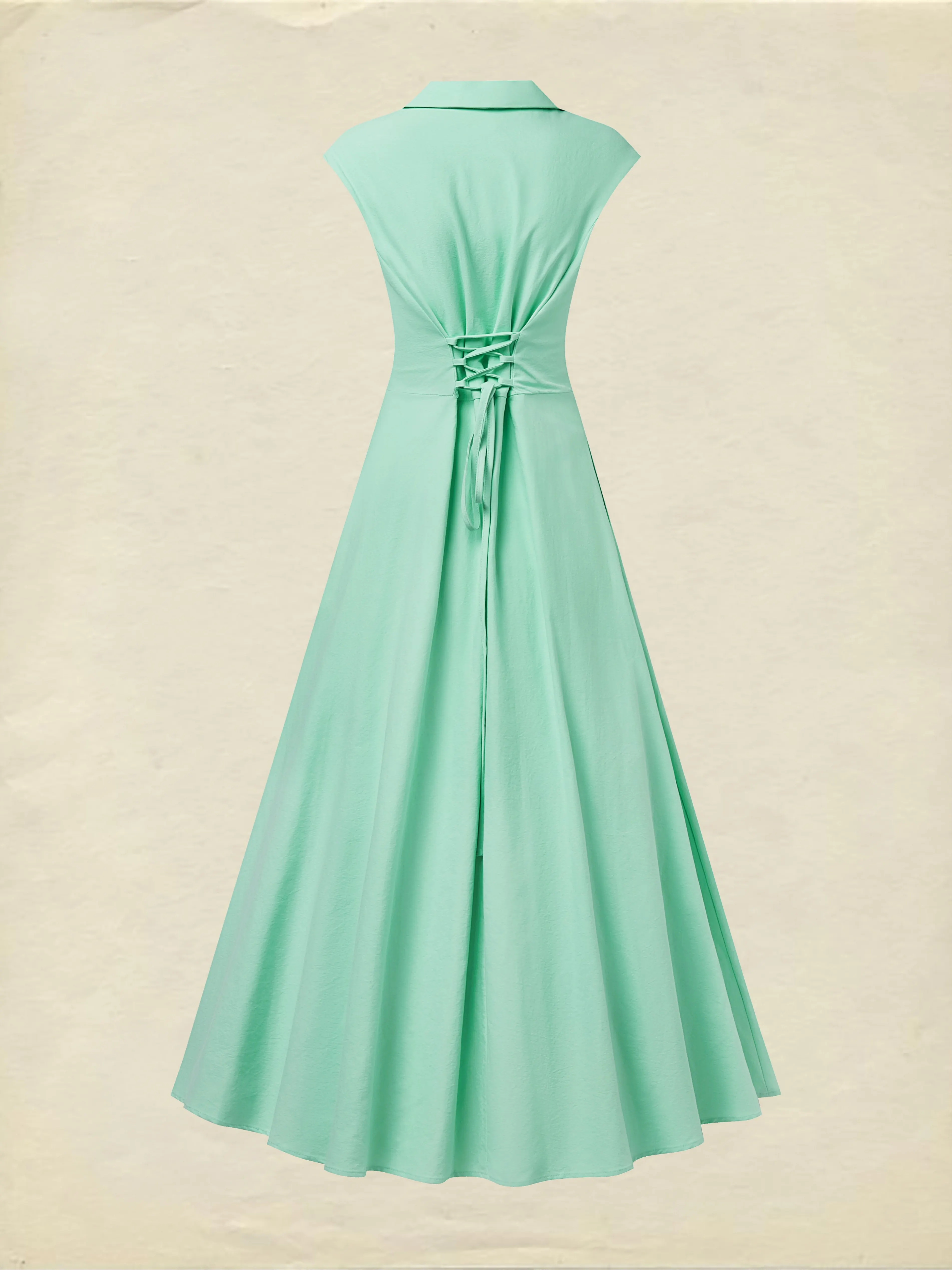Maxi Cotton Dress , Cap Sleeves, Shawl Collar, Plain, Button Design, Vintage,  Light Green - Lightgreen
