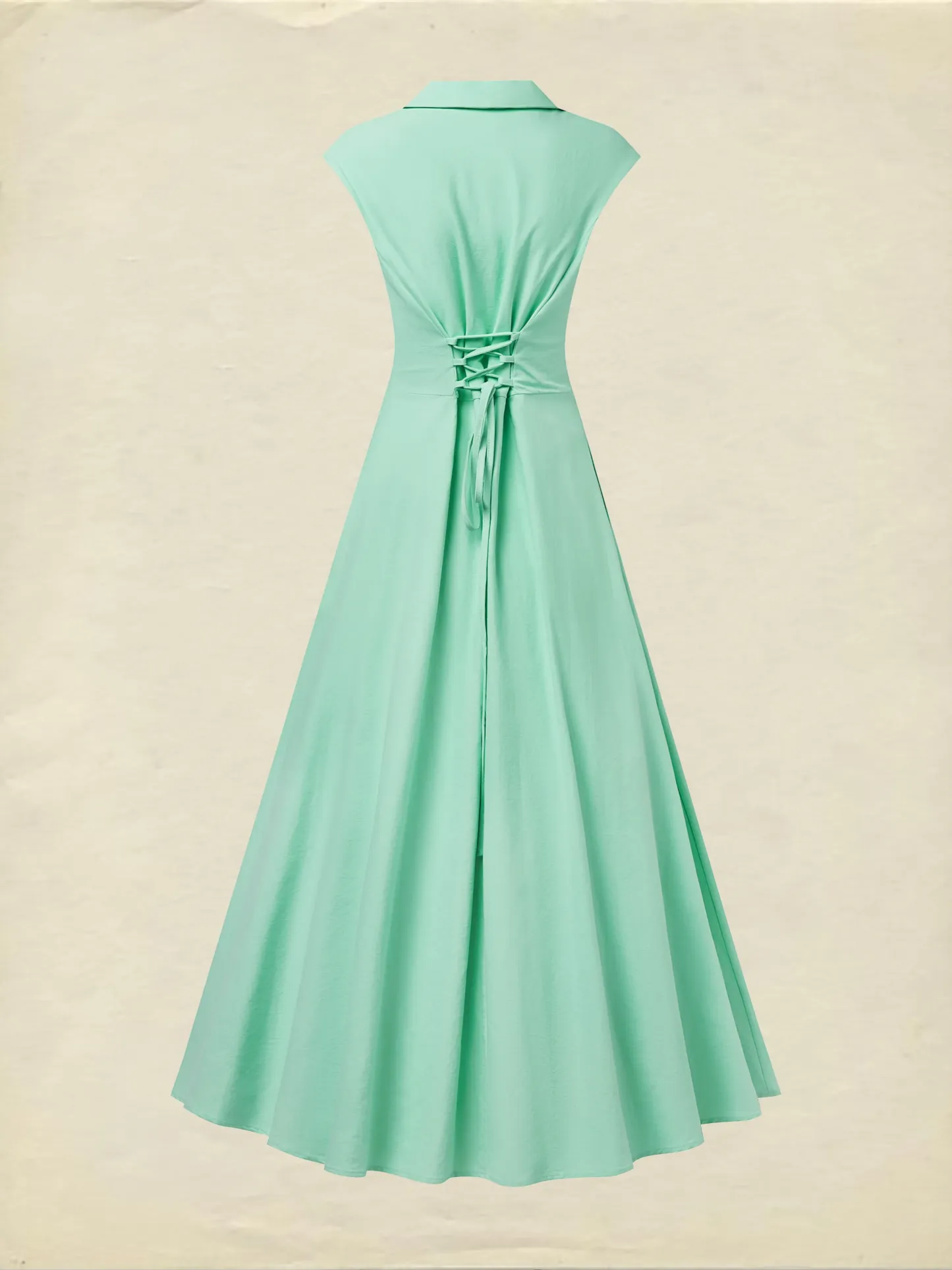 Maxi Cotton Dress , Cap Sleeves, Shawl Collar, Plain, Button Design, Vintage,  Light Green - Lightgreen