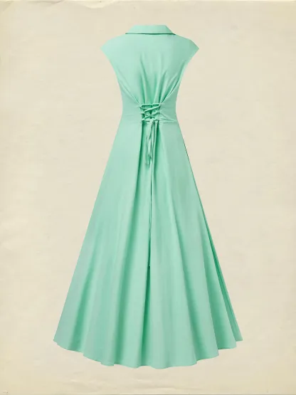 Maxi Cotton Dress , Cap Sleeves, Shawl Collar, Plain, Button Design, Vintage,  Light Green - Lightgreen