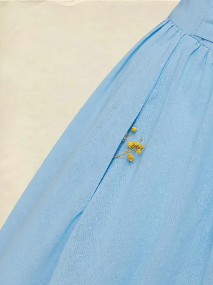 Maxi Linen Dress , Cap Sleeves, V Neck, Plain, Button Design, Vintage, Blue - Blue
