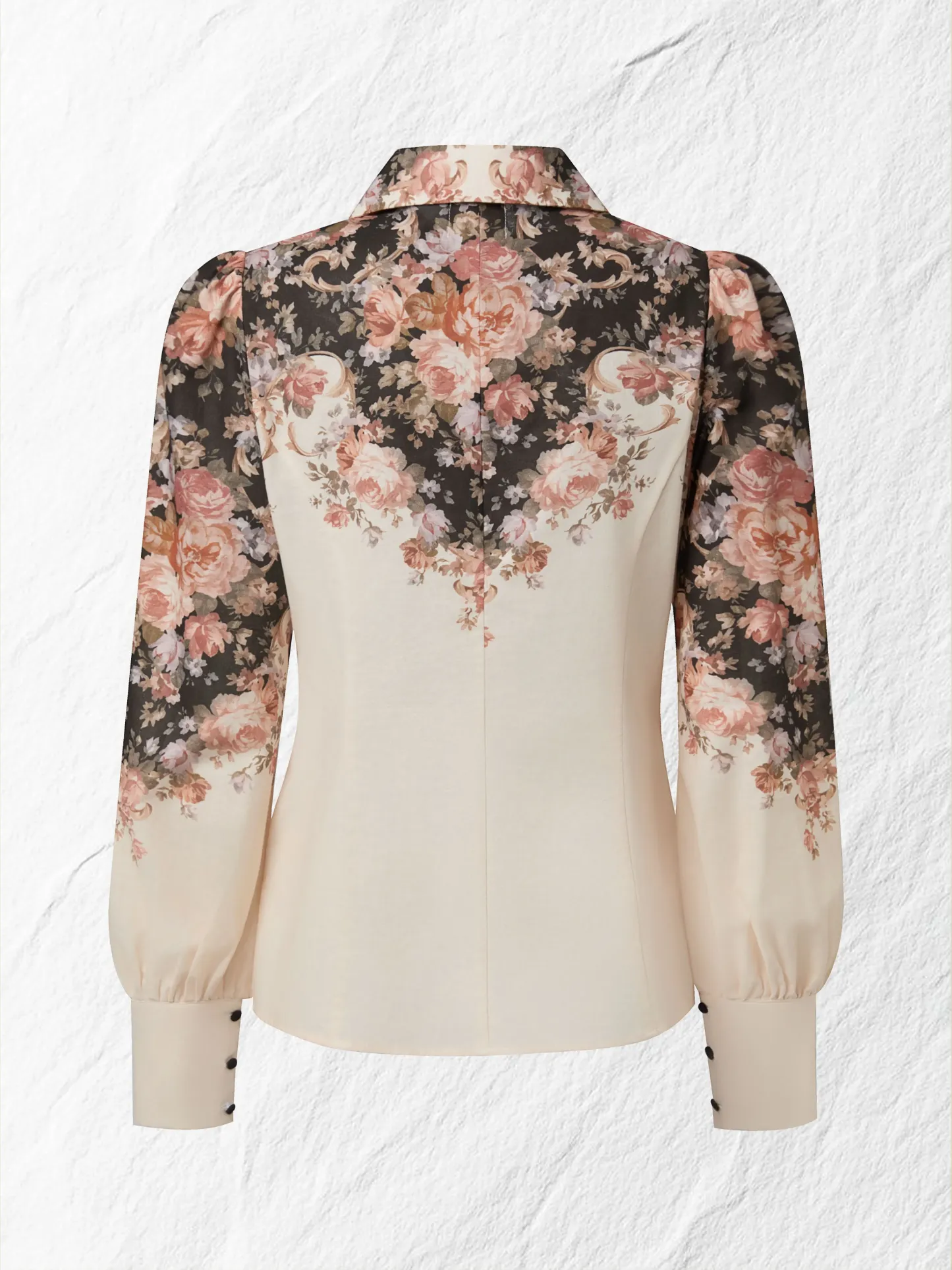 Cotton Shirt, Long Sleeves, Shawl Collar, Floral, Button Design, Vacation, Vintage, Apricot - Apricot