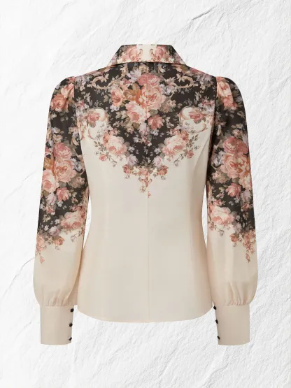 Cotton Shirt, Long Sleeves, Shawl Collar, Floral, Button Design, Vacation, Vintage, Apricot - Apricot