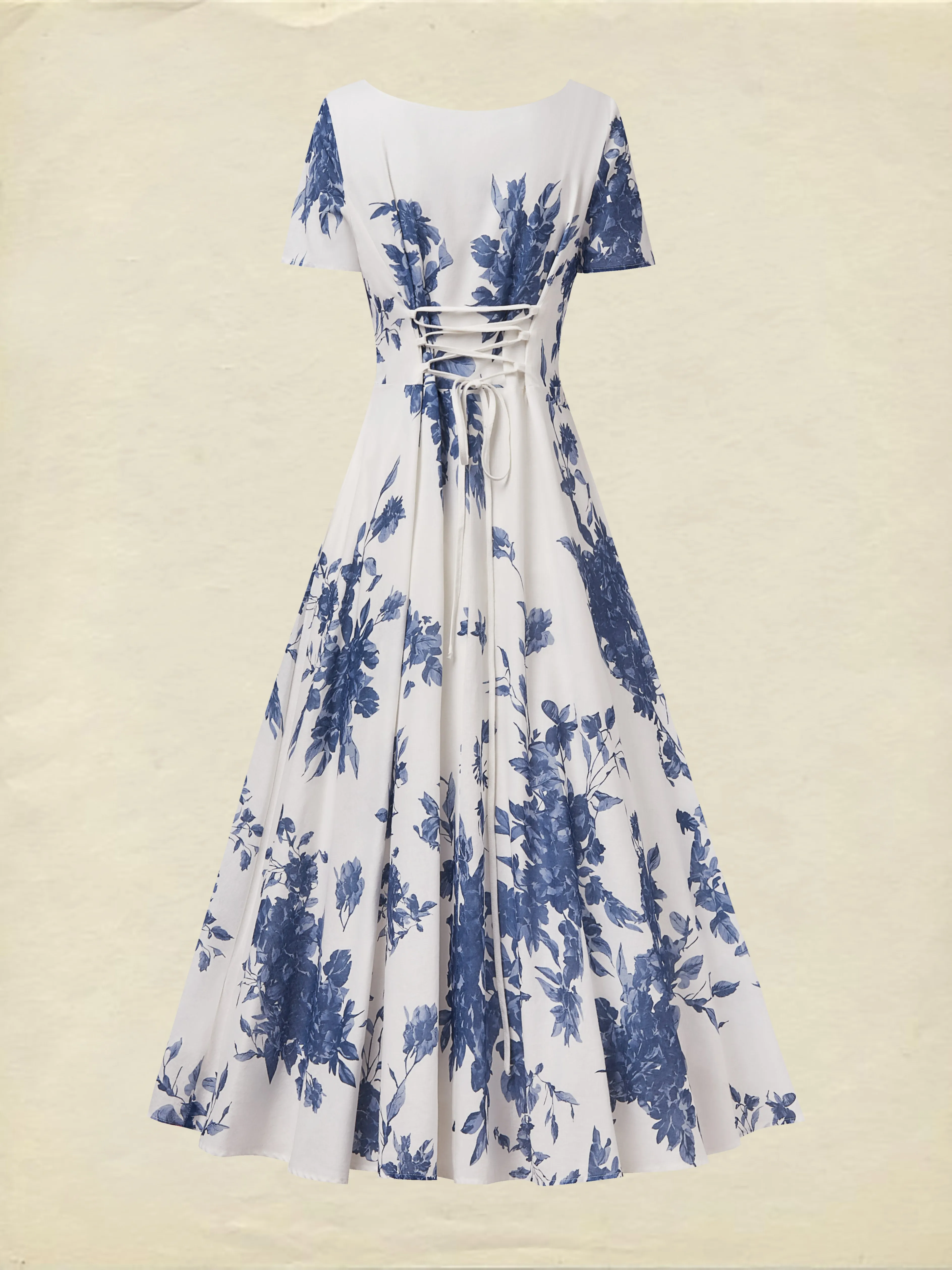 Maxi Linen Dress , Short Sleeves, Square Neck, Floral, Vacation, French Vintage, Blue - Blue