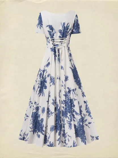 Maxi Linen Dress , Short Sleeves, Square Neck, Floral, Vacation, French Vintage, Blue - Blue