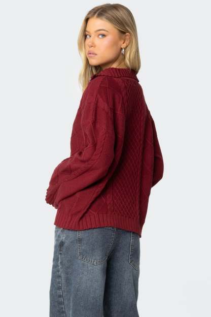 Oversized Quarter Zip Cable Knit Sweater - BURGUNDY
