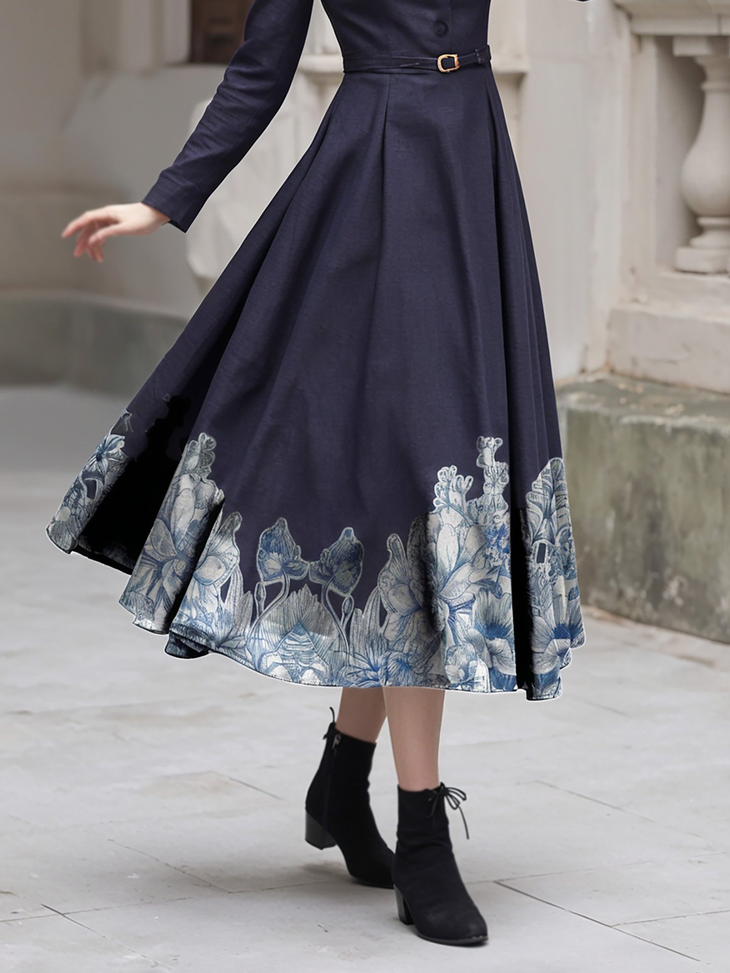 Midi Cotton Dress, Long Sleeves, Stand Collar, Floral, Button Design, Vintage, Deep Purple - Deep Purple