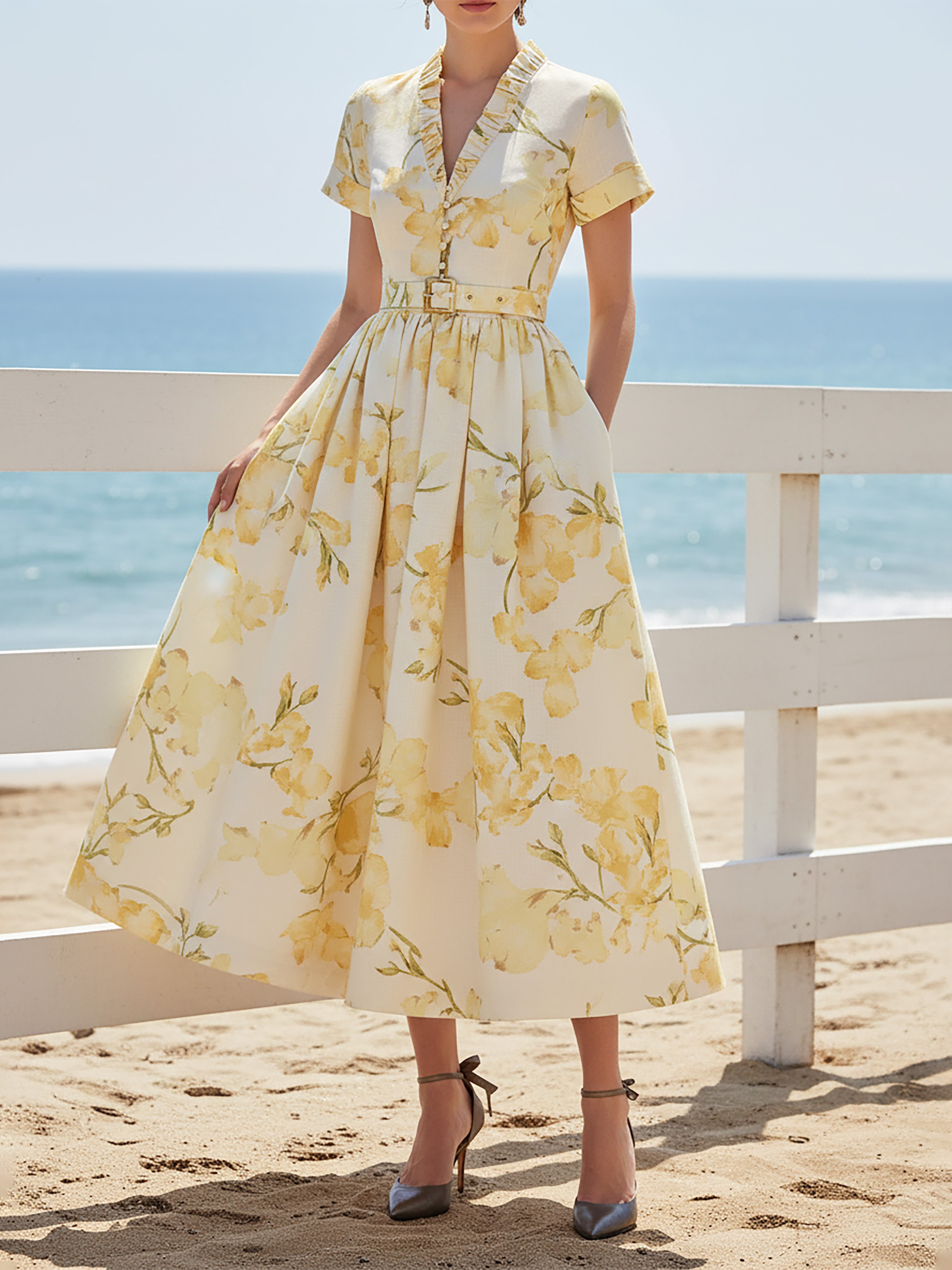 Midi Linen Dress, Short Sleeves, V Neck, Floral, Belt Design, Vintage, Yellow - Yellow