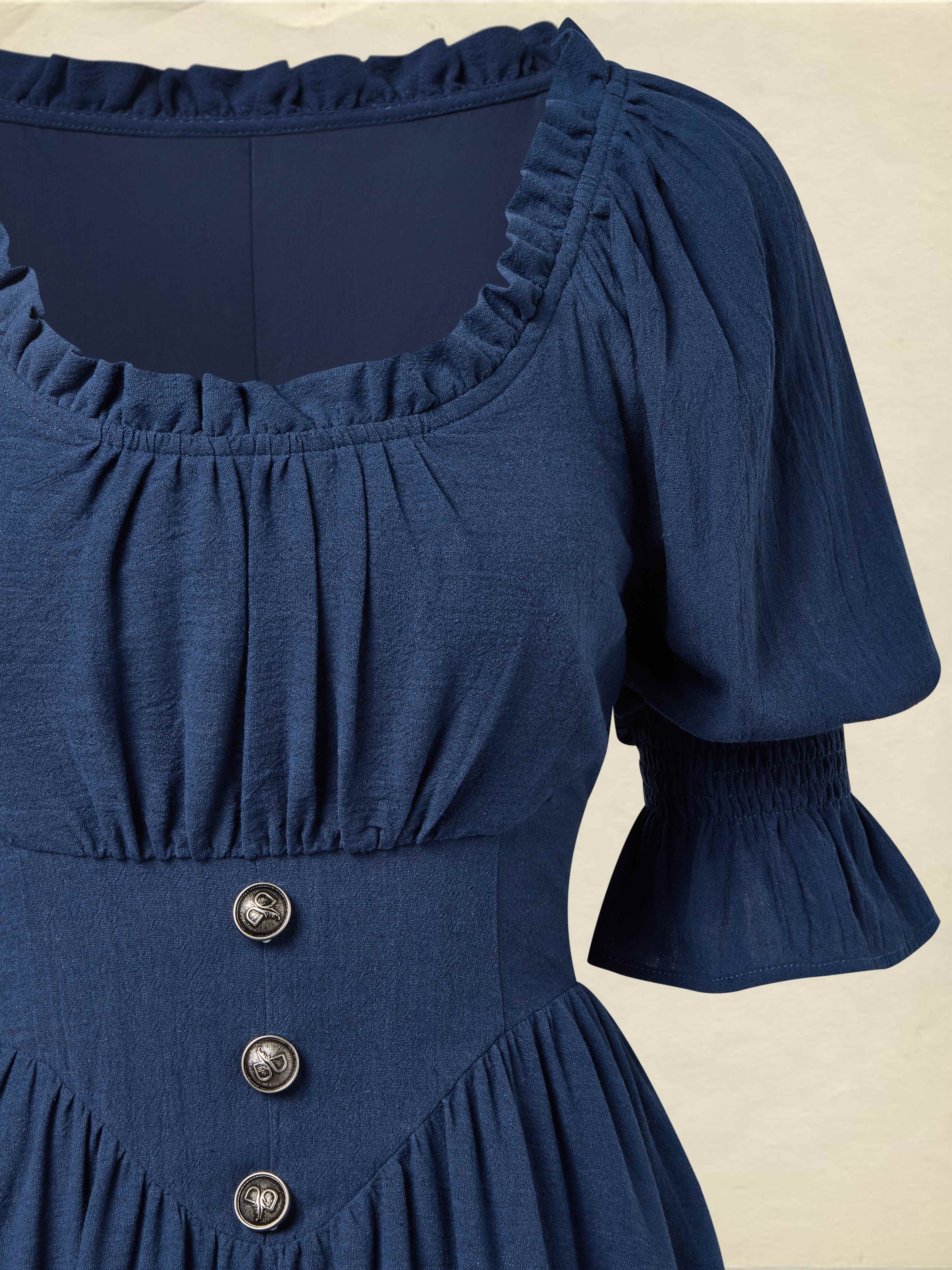 Linen Maxi Dress, Crew Neck, Half Sleeves, Belt, Victorian Style, Princess Dress, Blue - Blue