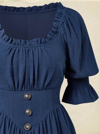 Linen Maxi Dress, Crew Neck, Half Sleeves, Belt, Victorian Style, Princess Dress, Blue - Blue