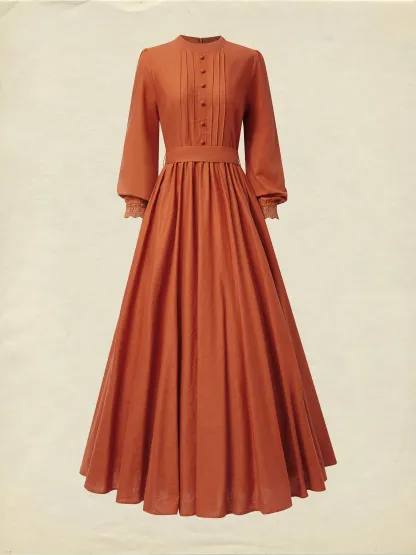 Maxi Linen Dress, Long Sleeves, Stand Collar, Shirt Dress, Linen Blend, Orange - Orange Red