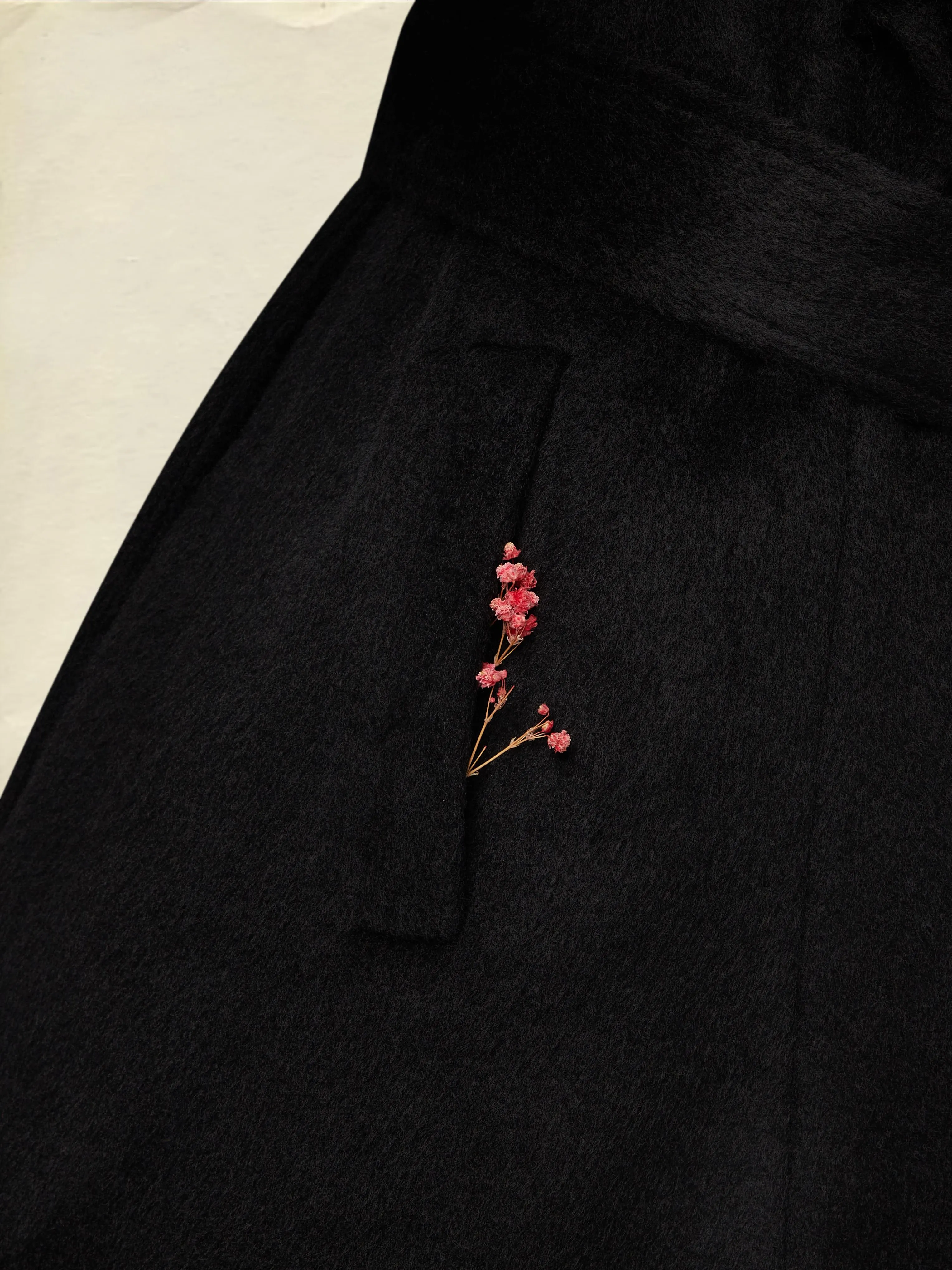 Wool Trench Coat, Long Sleeves, Lapel Collar, Plain, Button Design, Vintage, Black - Black