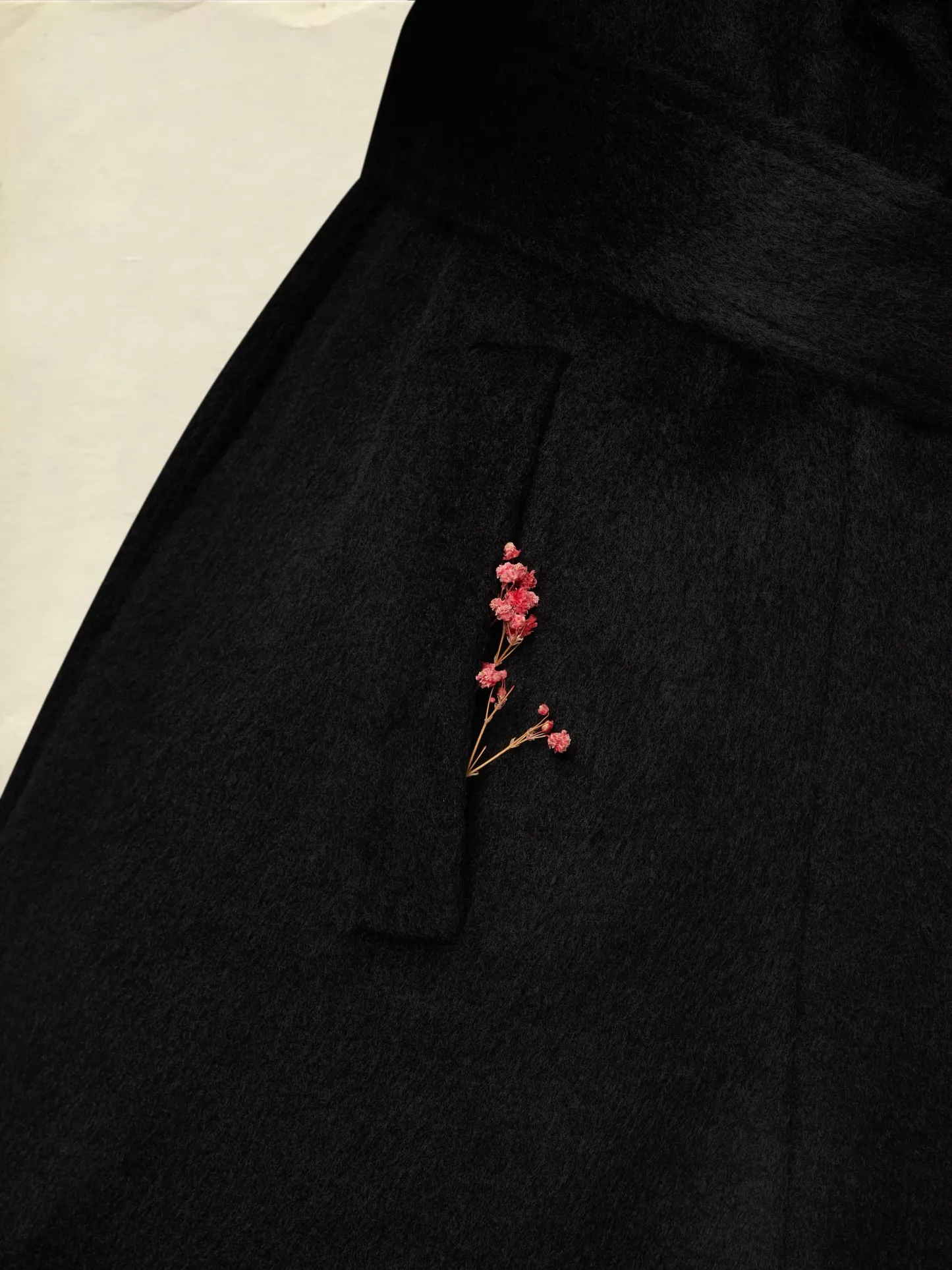 Wool Trench Coat, Long Sleeves, Lapel Collar, Plain, Button Design, Vintage, Black - Black