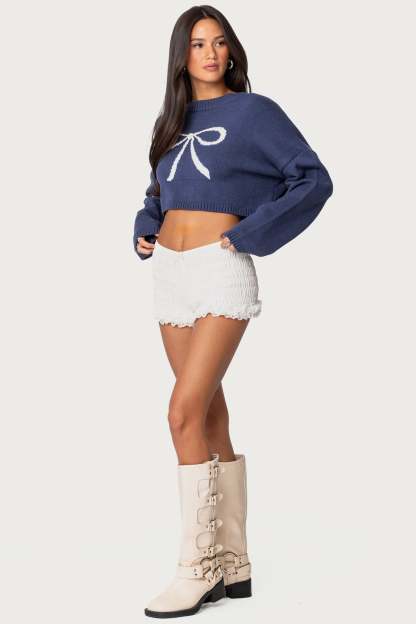 Knit Bow Cropped Sweater - NAVY