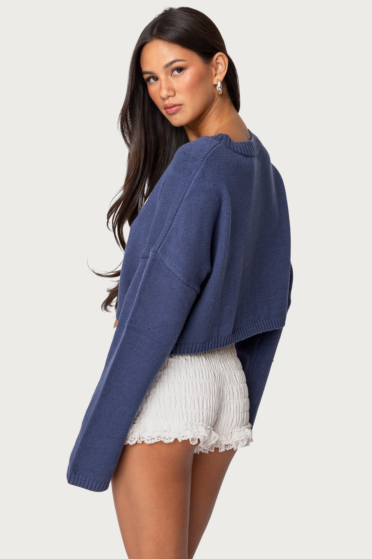 Knit Bow Cropped Sweater - NAVY