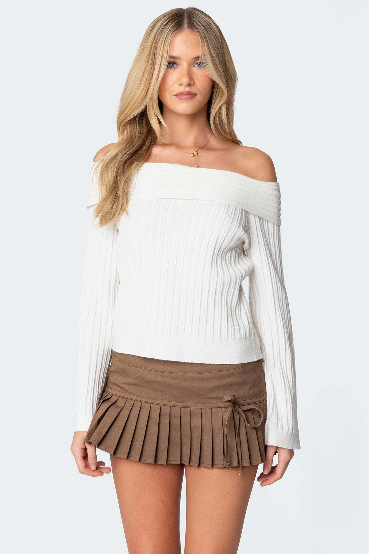 Brandy Fold Over Ribbed Sweater - WHITE