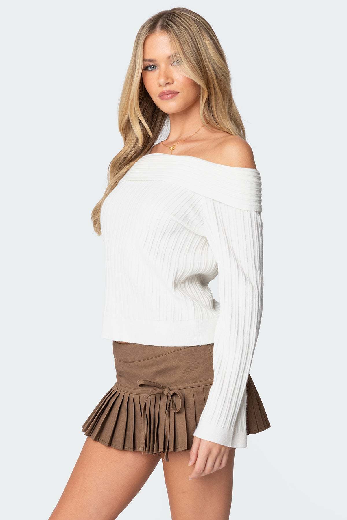 Brandy Fold Over Ribbed Sweater - WHITE