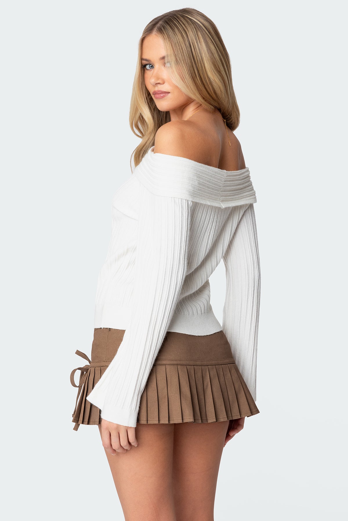 Brandy Fold Over Ribbed Sweater - WHITE