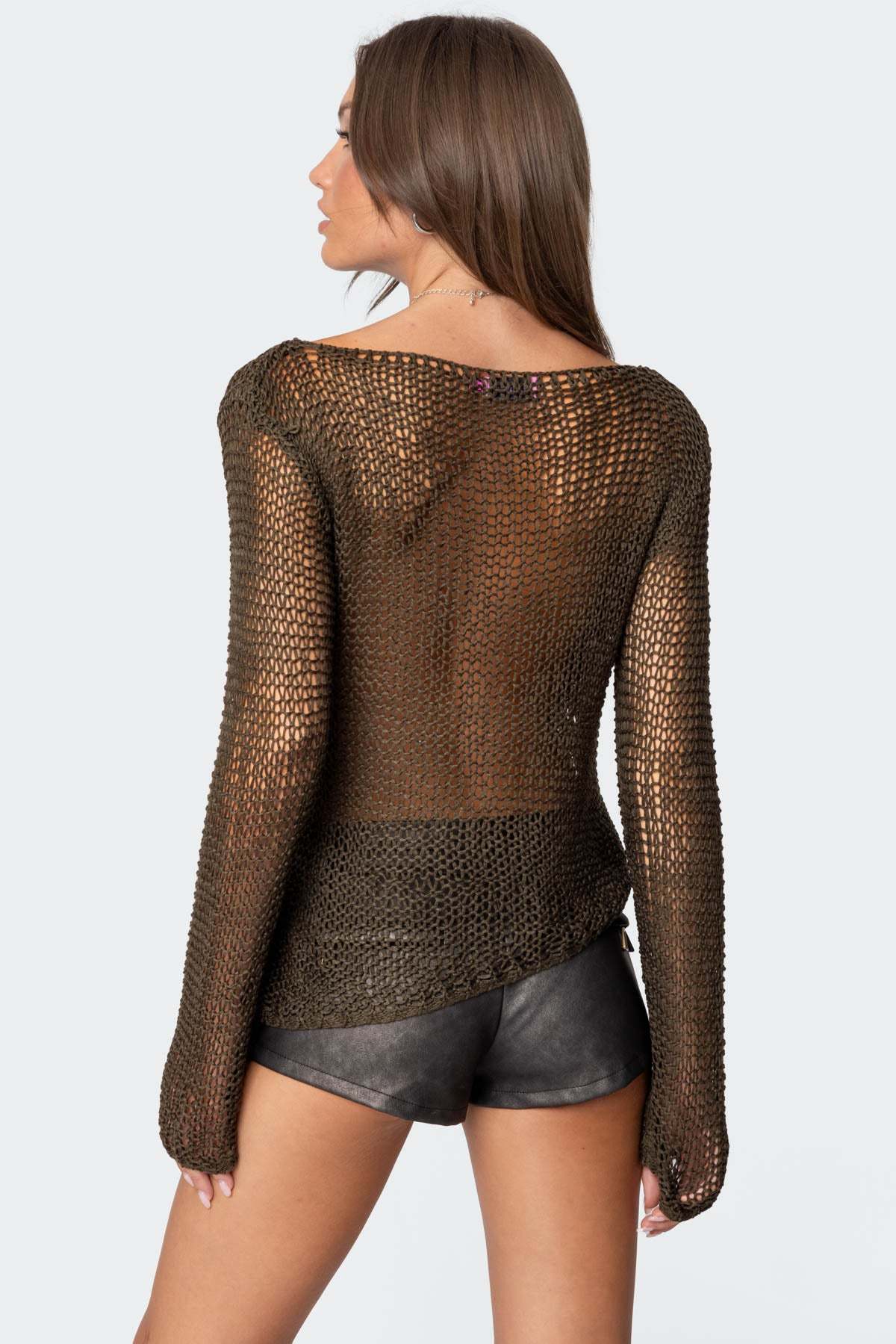 Asymmetric Open Knit Top - OLIVE