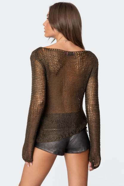Asymmetric Open Knit Top - OLIVE