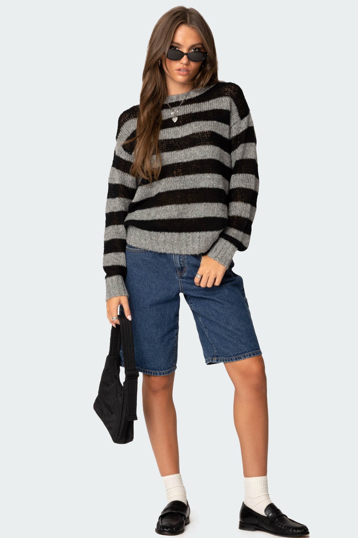Light Knit Striped Sweater - BLACK