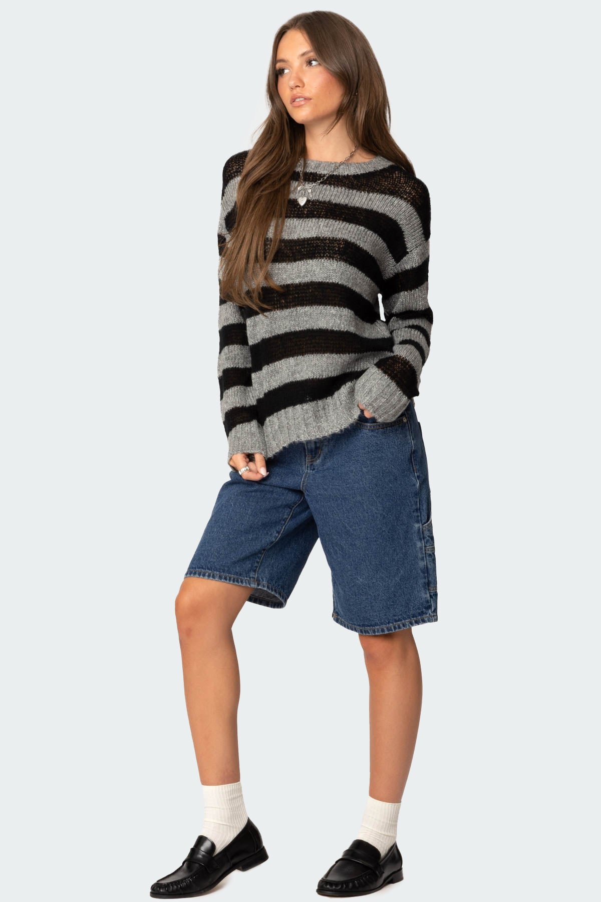 Light Knit Striped Sweater - BLACK