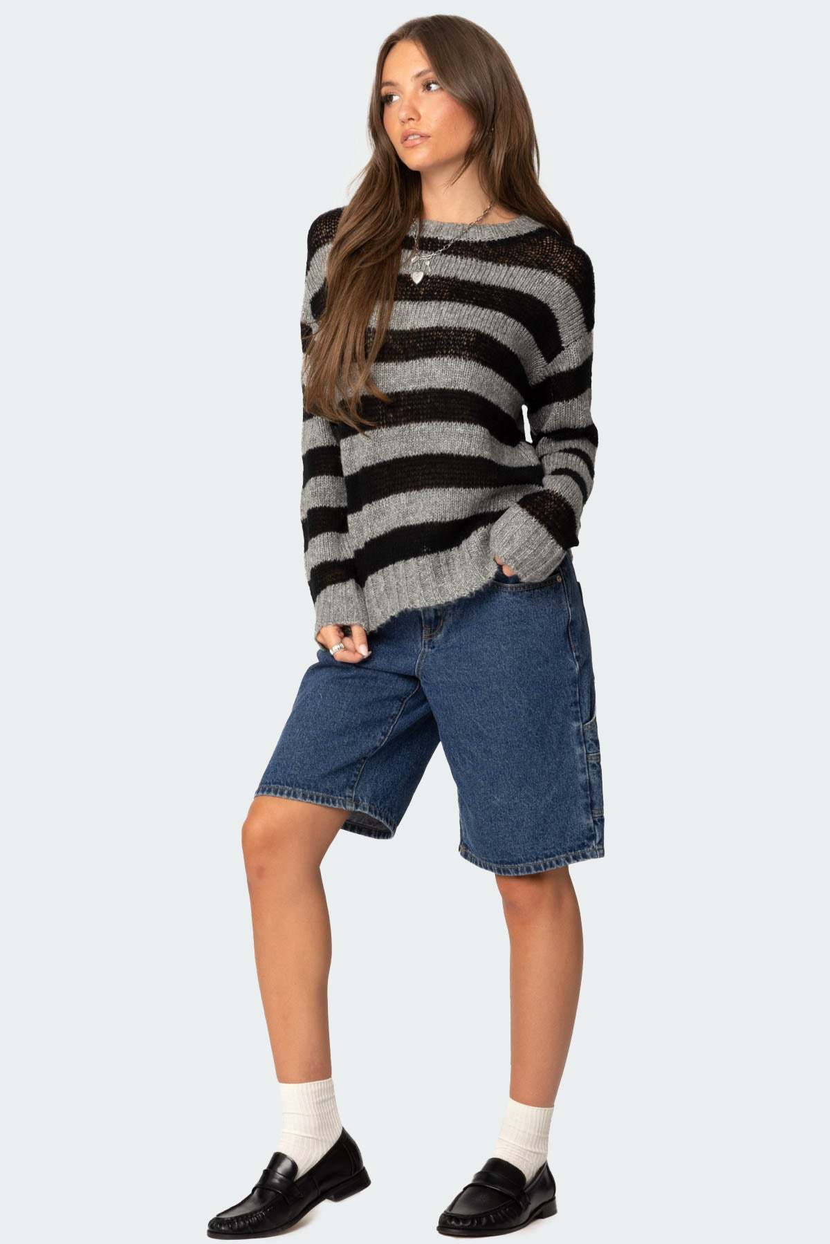 Light Knit Striped Sweater - BLACK