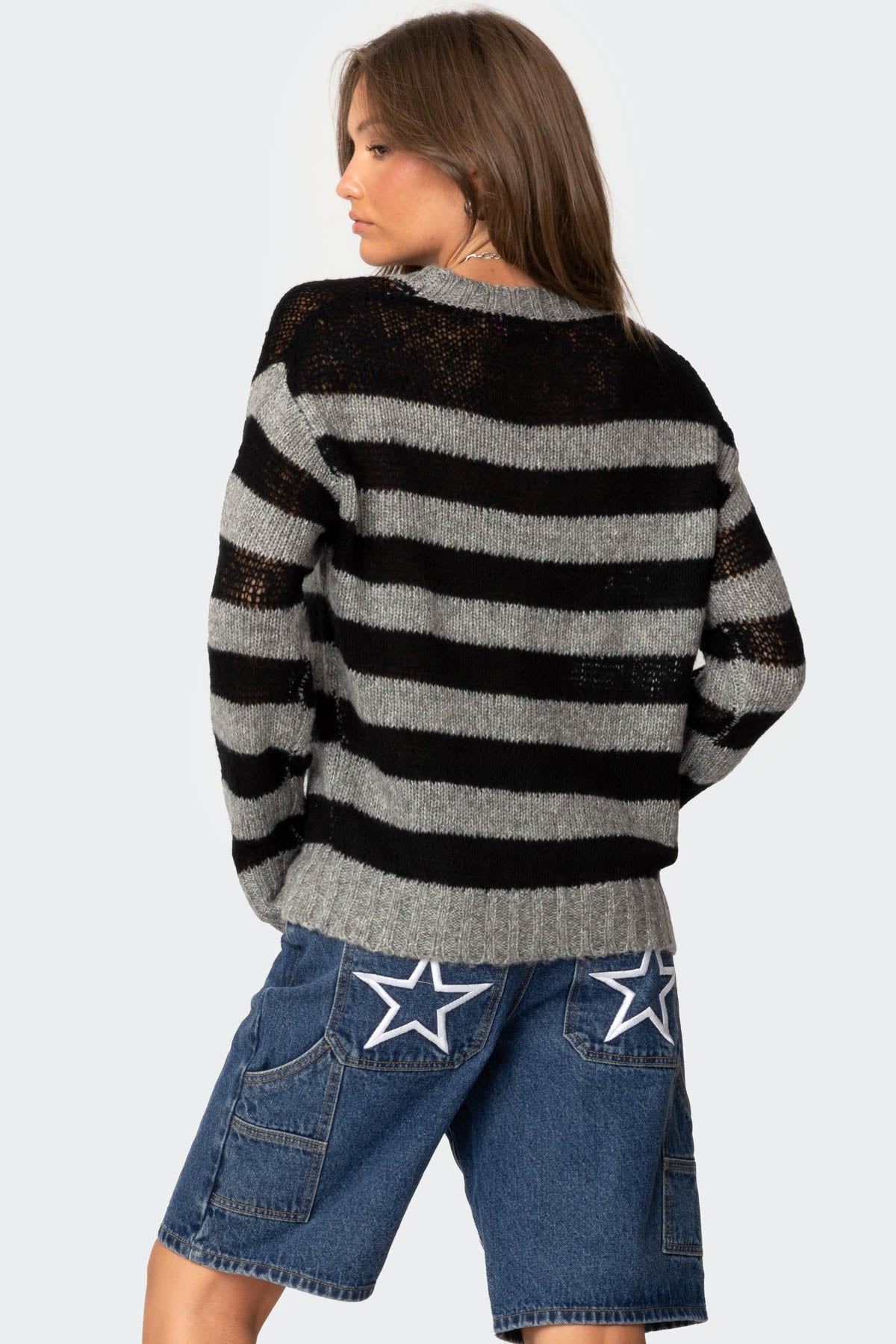 Light Knit Striped Sweater - BLACK
