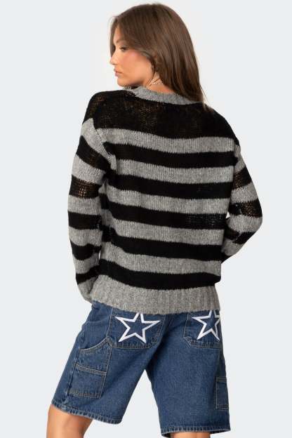 Light Knit Striped Sweater - BLACK