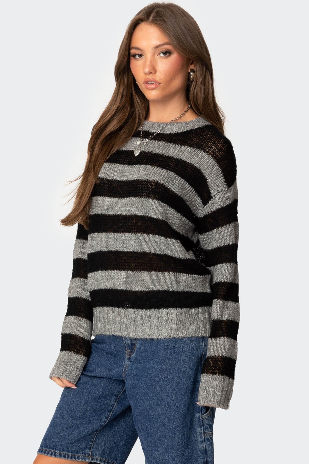 Light Knit Striped Sweater - BLACK