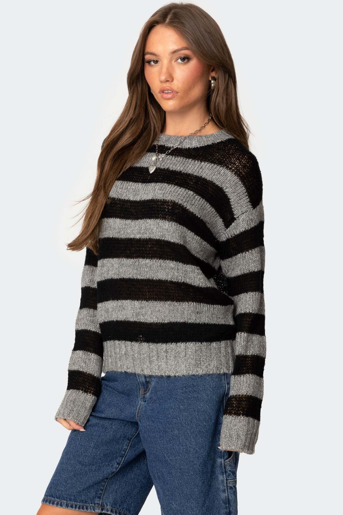 Light Knit Striped Sweater - BLACK