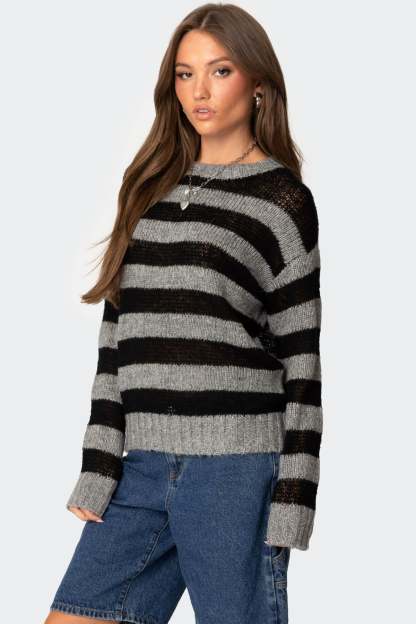 Light Knit Striped Sweater - BLACK