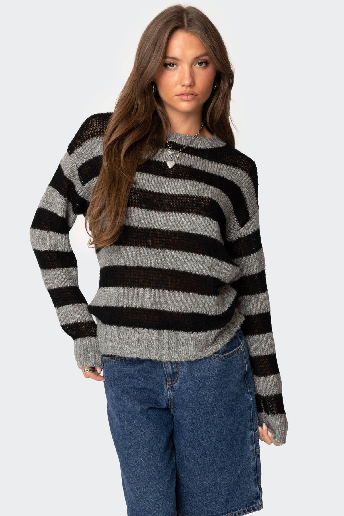 Light Knit Striped Sweater - BLACK