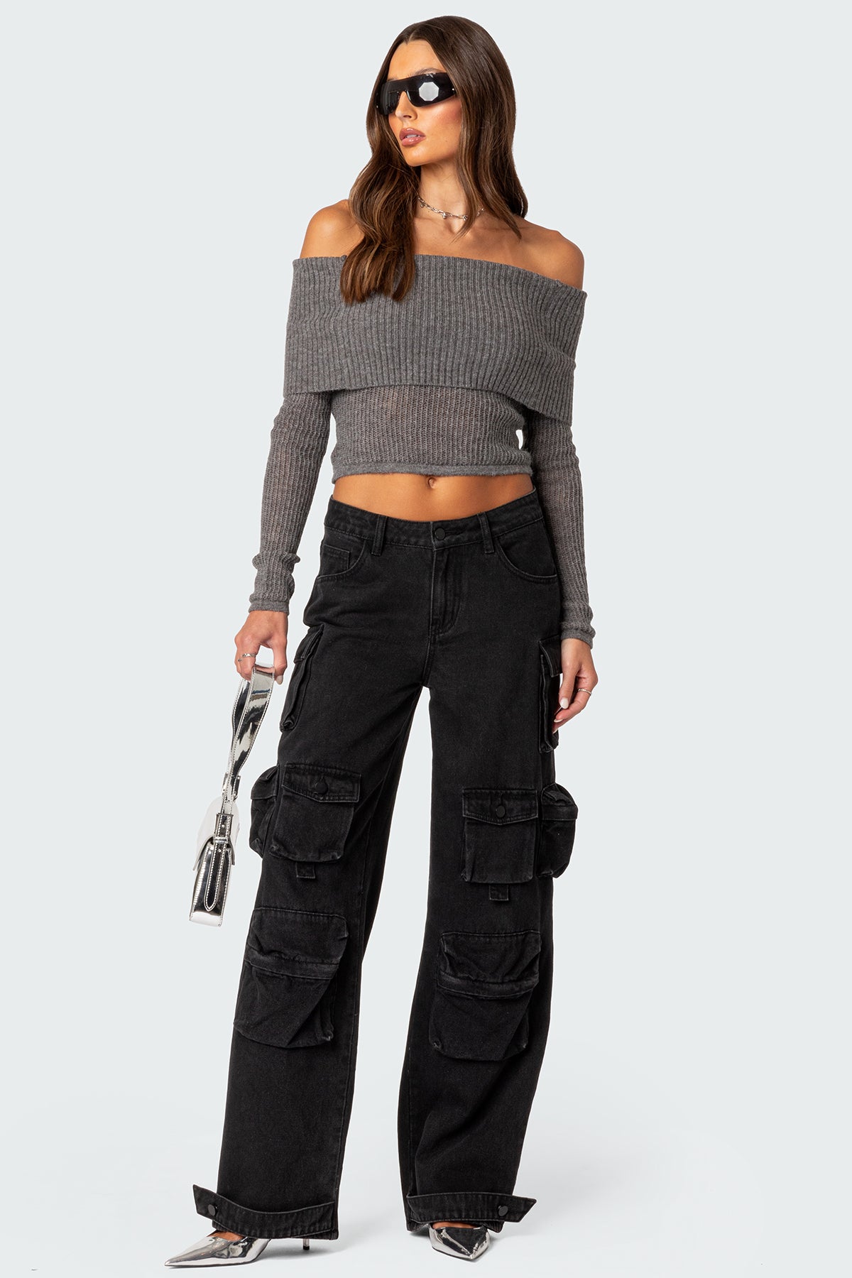 Lili fold over knit top - GRAY MELANGE