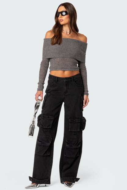 Lili fold over knit top - GRAY MELANGE