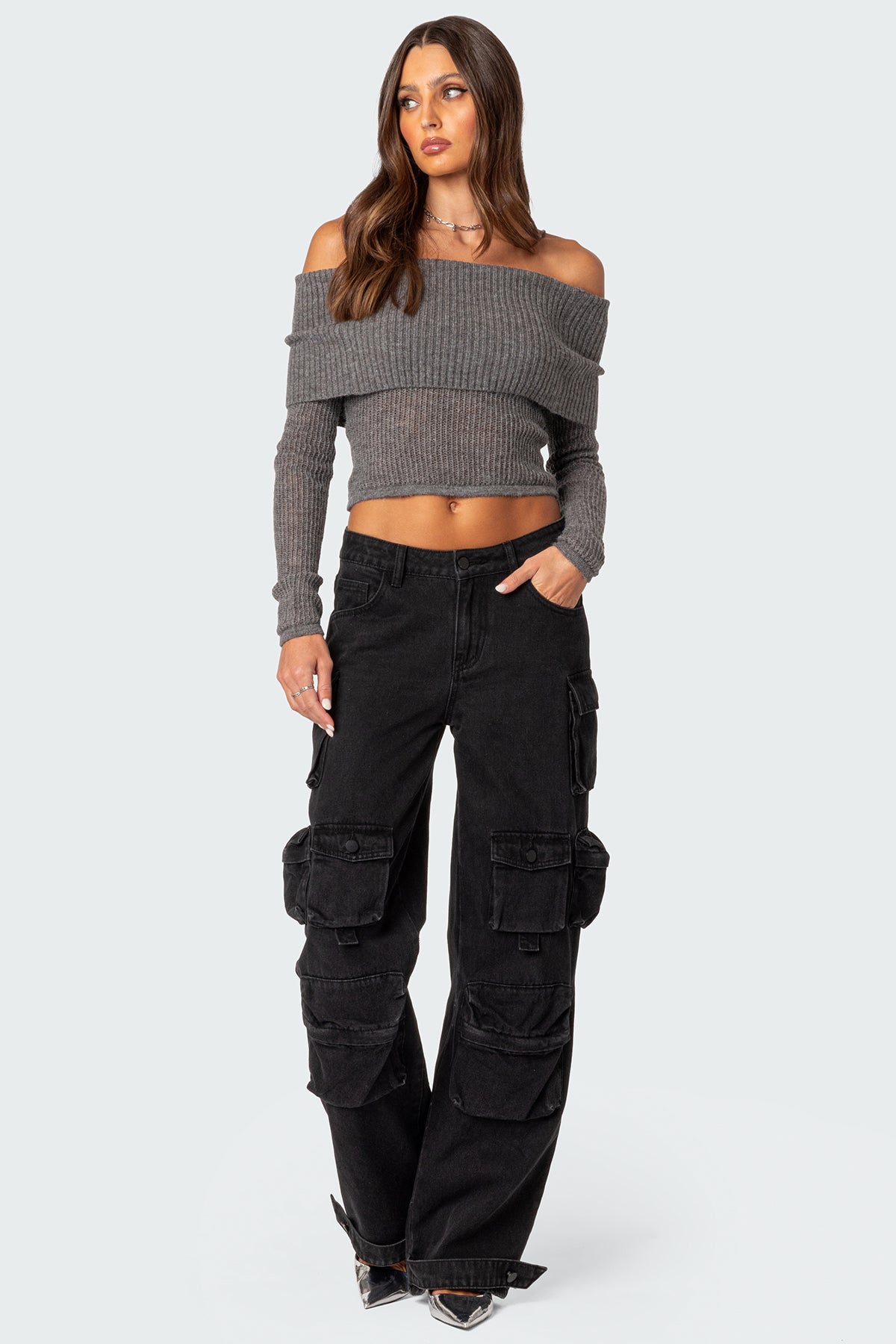 Lili fold over knit top - GRAY MELANGE