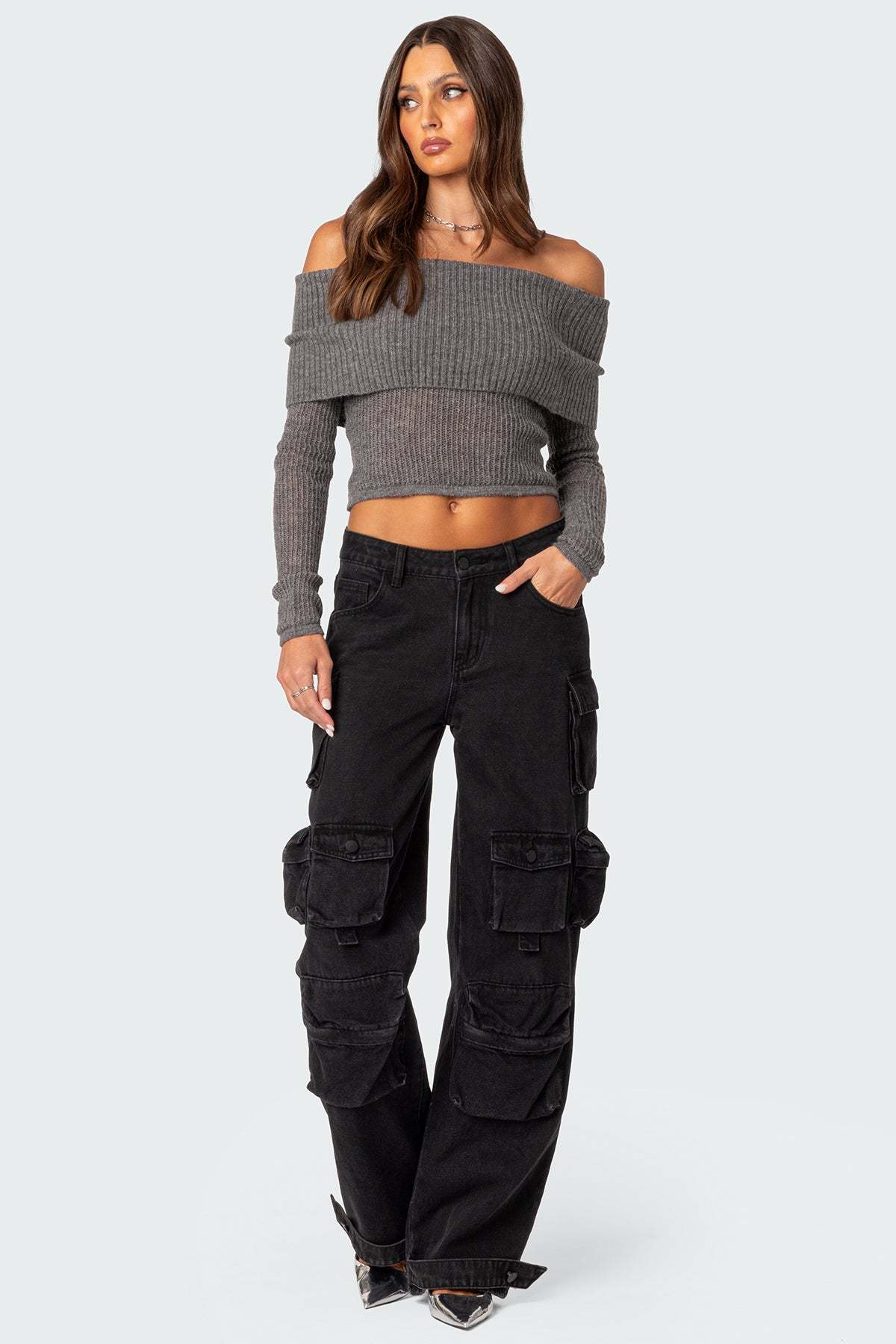 Lili fold over knit top - GRAY MELANGE