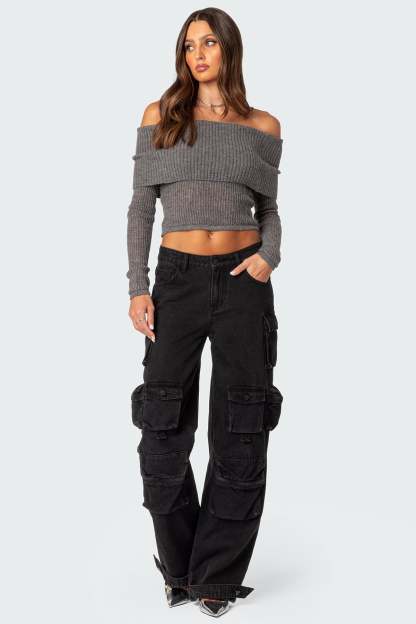Lili fold over knit top - GRAY MELANGE