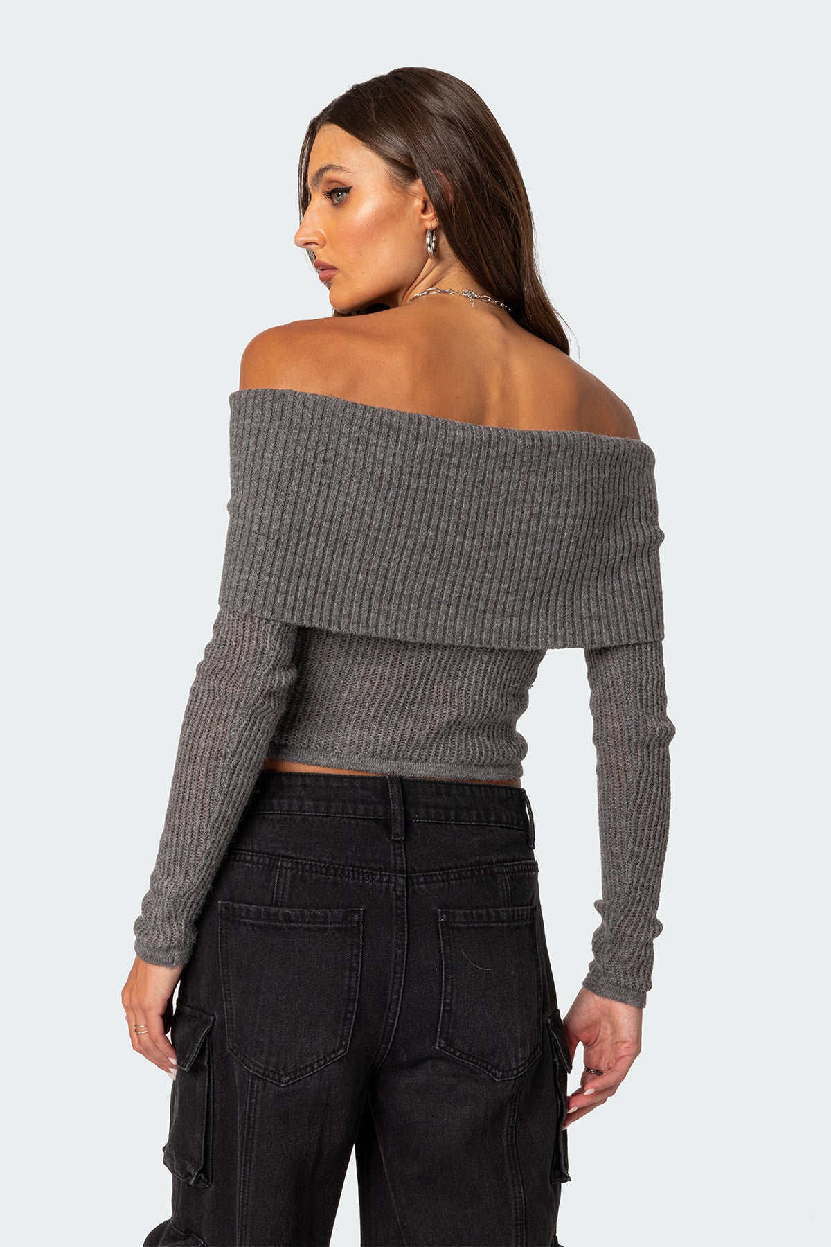 Lili fold over knit top - GRAY MELANGE