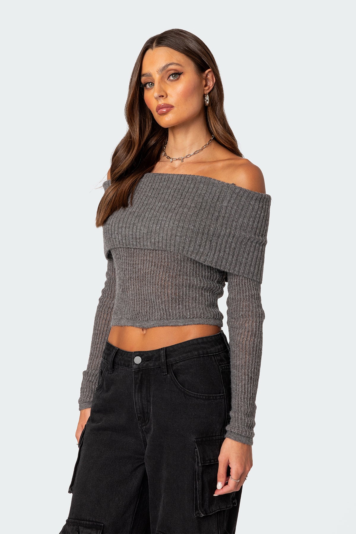 Lili fold over knit top - GRAY MELANGE