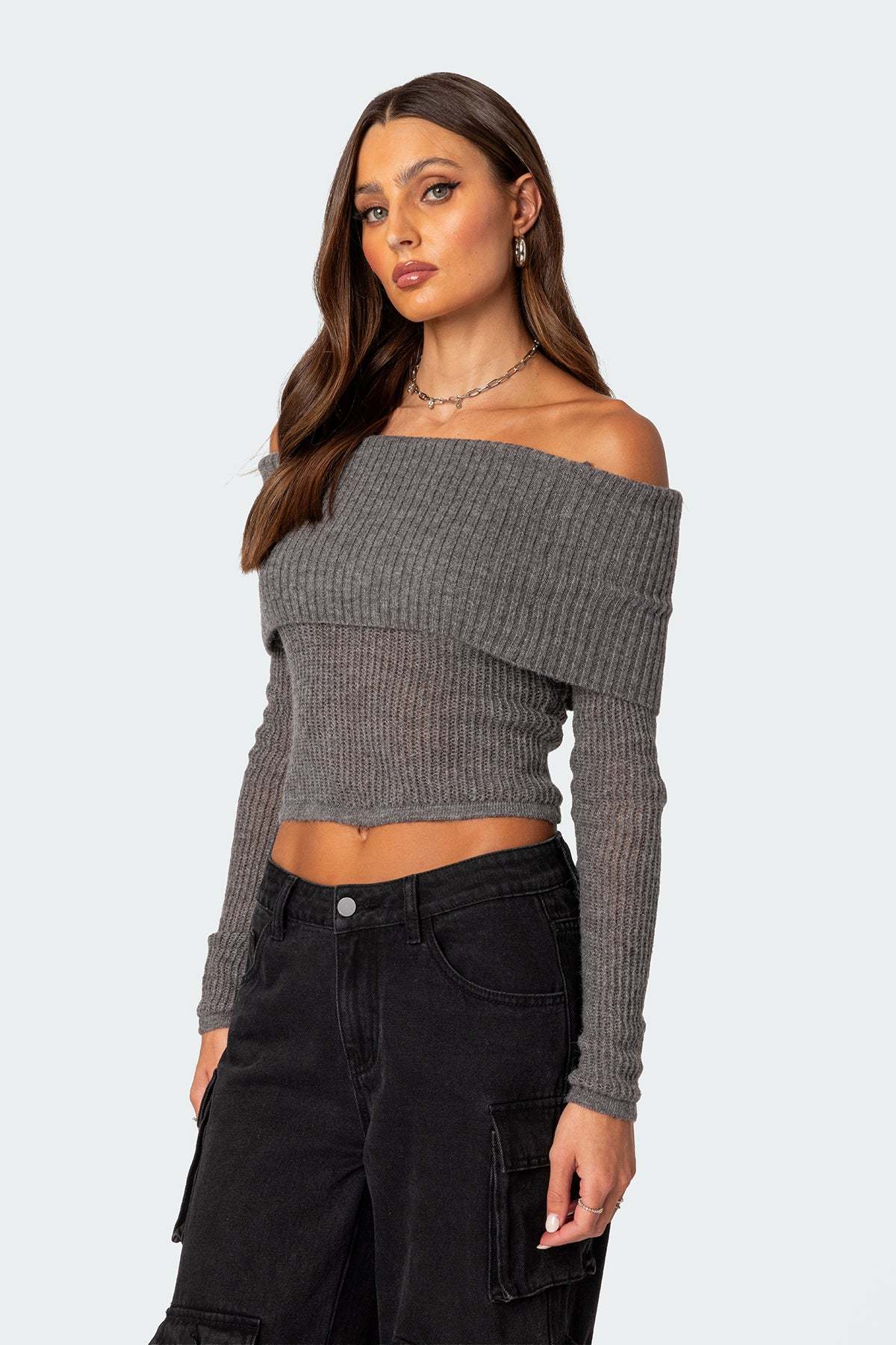 Lili fold over knit top - GRAY MELANGE