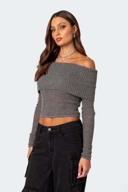 Lili fold over knit top - GRAY MELANGE