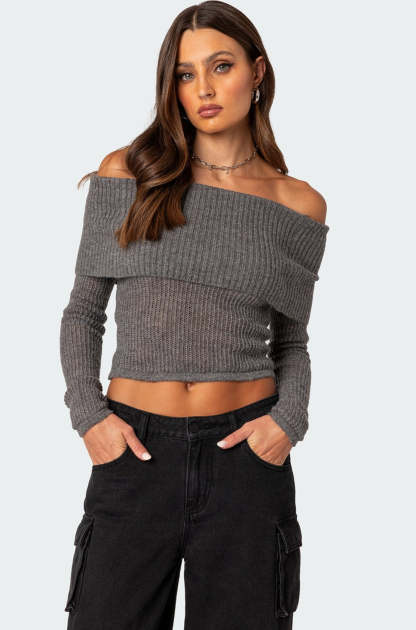 Lili fold over knit top - GRAY MELANGE