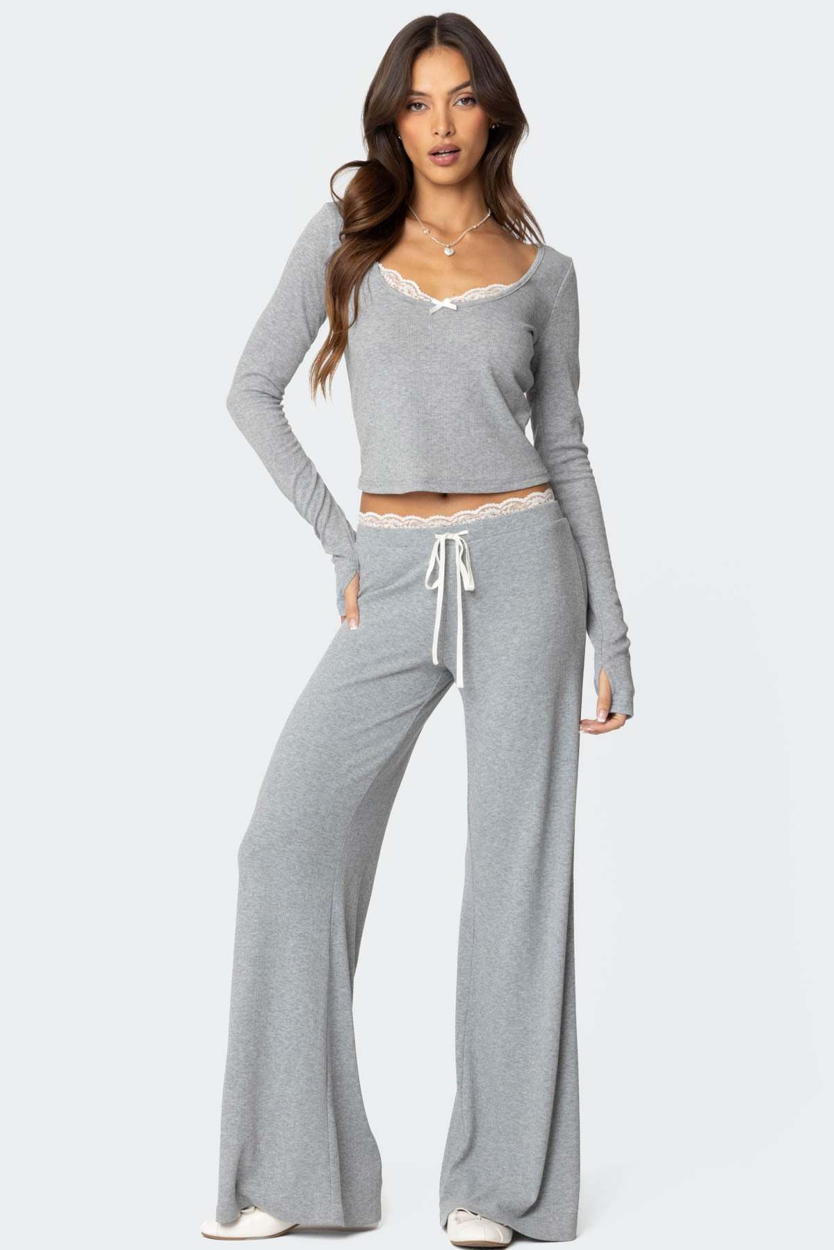 Peekaboo Lace Pants - GRAY MELANGE
