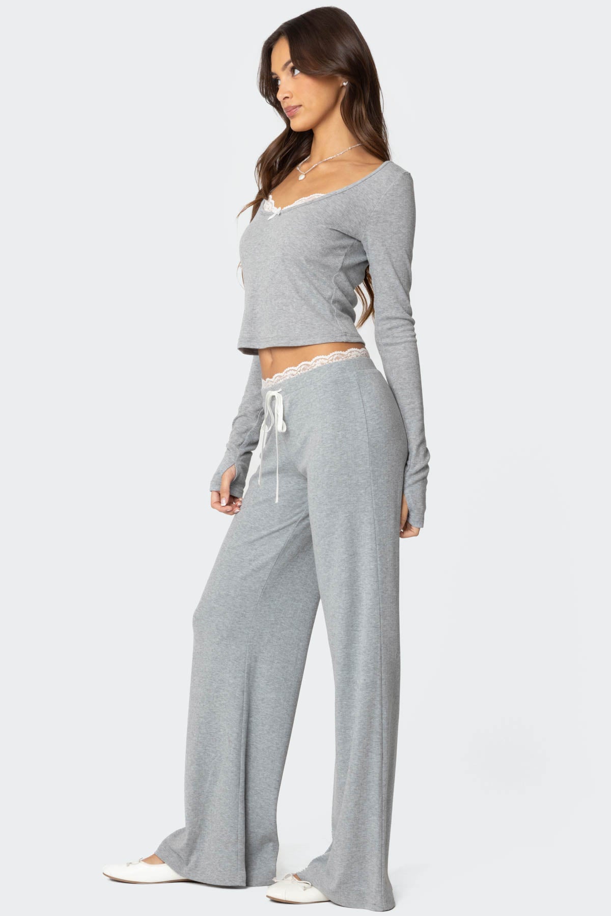 Peekaboo Lace Pants - GRAY MELANGE