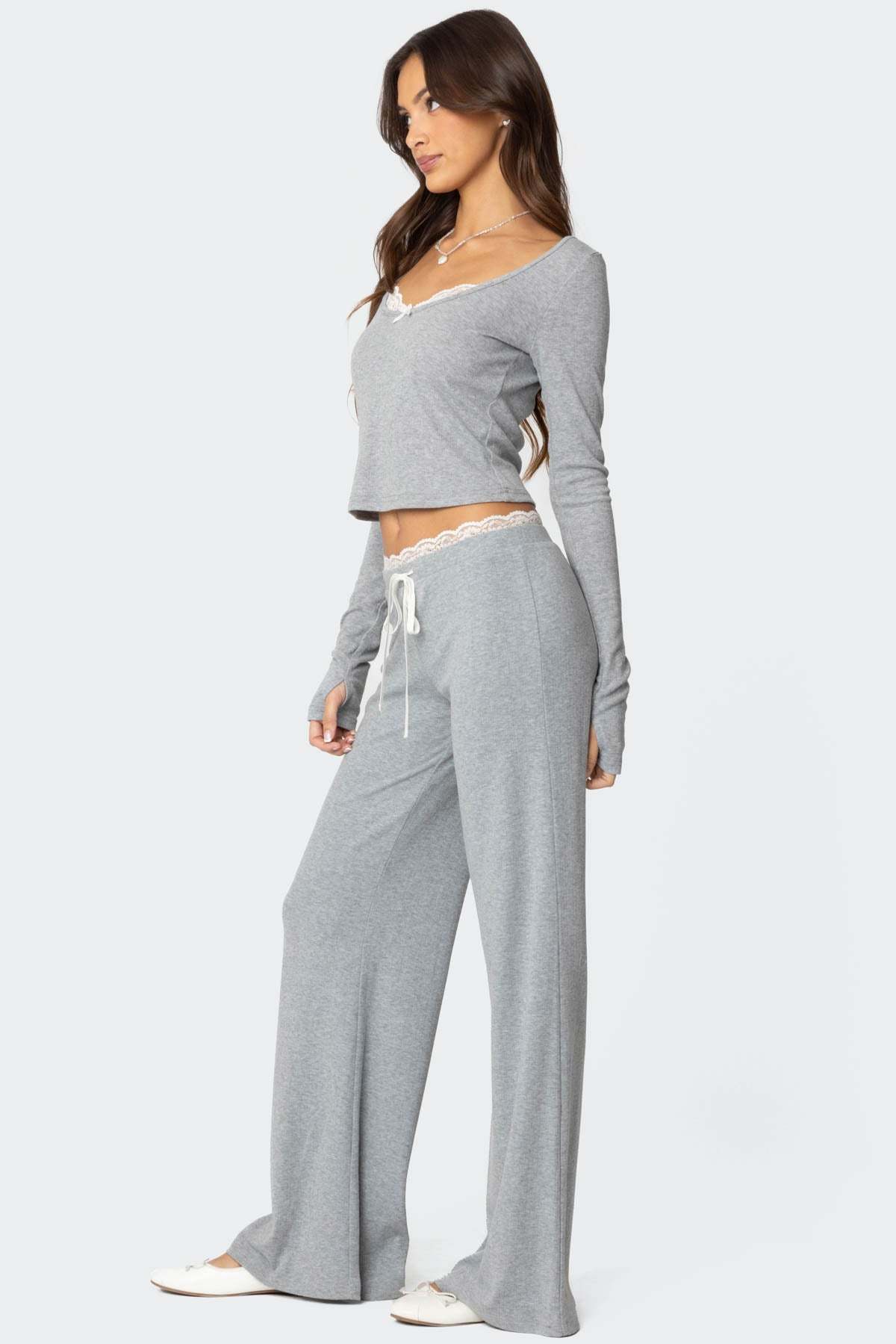 Peekaboo Lace Pants - GRAY MELANGE