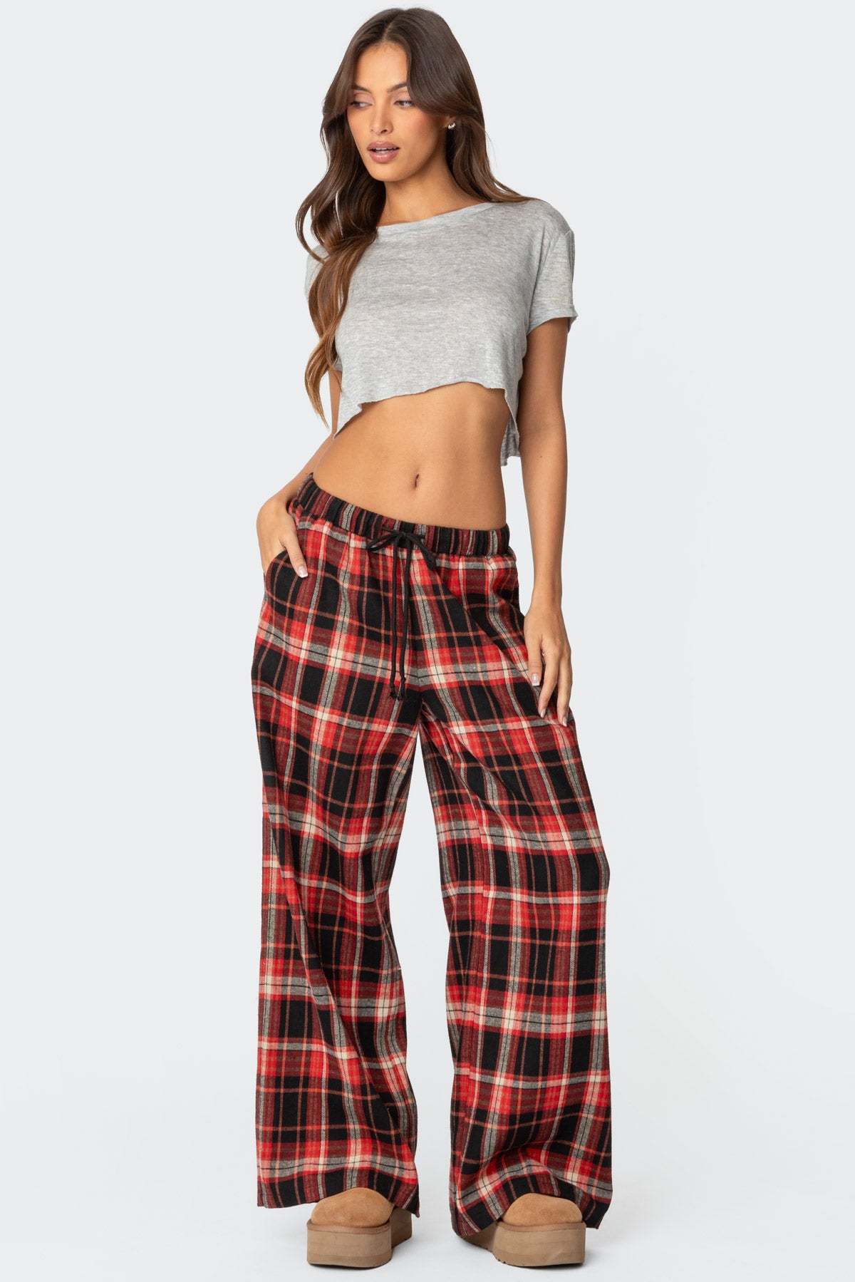 Lounge Around Plaid Wide Leg Pants - RED